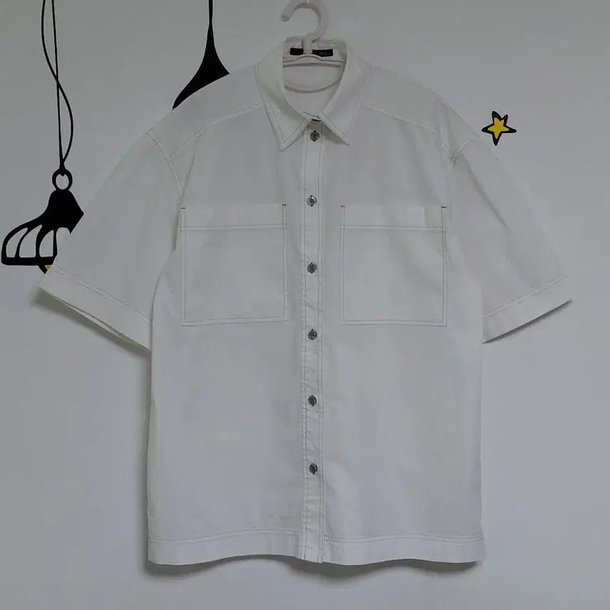 [BUNJANG] Heather Color Block Stitch Double Pocket Oversized Short Sleeve Shirt / [F] Heather 배색 스티치 더블포켓 오버핏 반팔 셔츠
