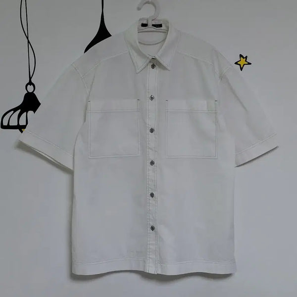 [BUNJANG] Heather Color Block Stitch Double Pocket Oversized Short Sleeve Shirt / [F] Heather 배색 스티치 더블포켓 오버핏 반팔 셔츠