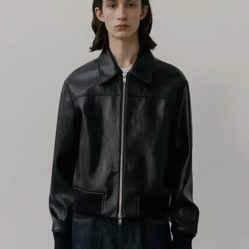 [BUNJANG] Construction Collar Leather Blouson Black XL / (XL) 컨스트럭션 카라 레더 블루종_블랙