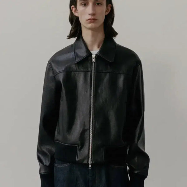 [BUNJANG] Construction Collar Leather Blouson Black XL / (XL) 컨스트럭션 카라 레더 블루종_블랙