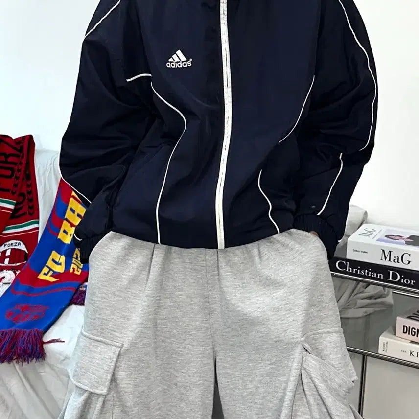 [BUNJANG] Adidas Old School Navy Piping Jacket L / 아디다스 올드스쿨 네이비 파이핑 자켓 L