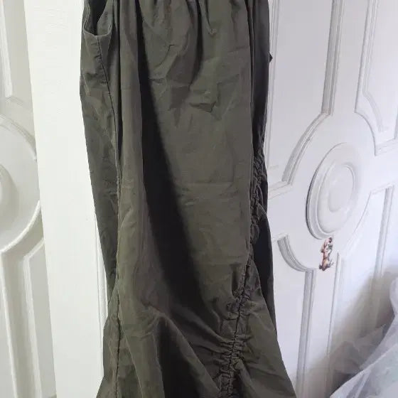 [BUNJANG] Khaki Shirring String Long Dress / 카키색 셔링 끈 롱 원피스