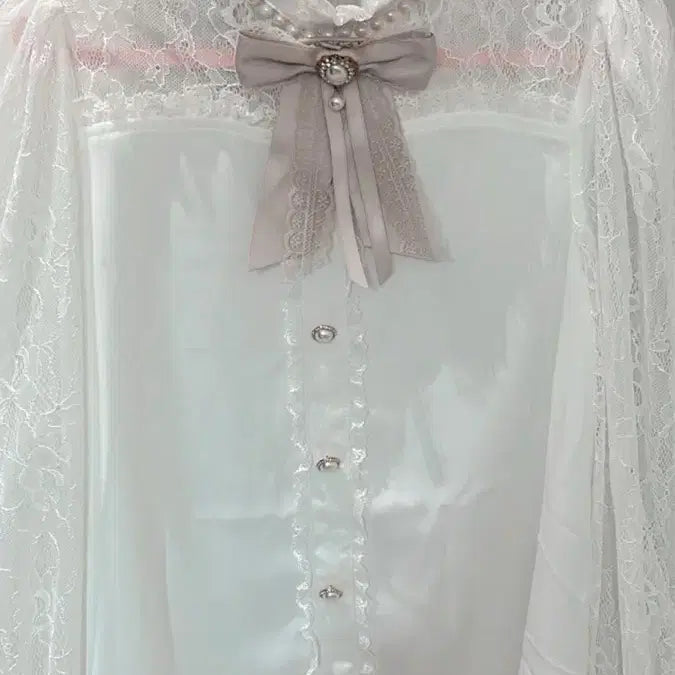 [BUNJANG] Rojita Lace Ribbon Blouse Long Sleeve / 교판)ROJITA 로지타 레이스 화이트핑크 리본 블라우스 긴팔 양산형