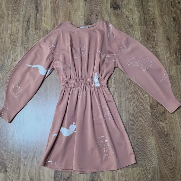 [BUNJANG] Zara Pink Character Print Midi Dress / 자라 핑크 인물 프린팅 원피스