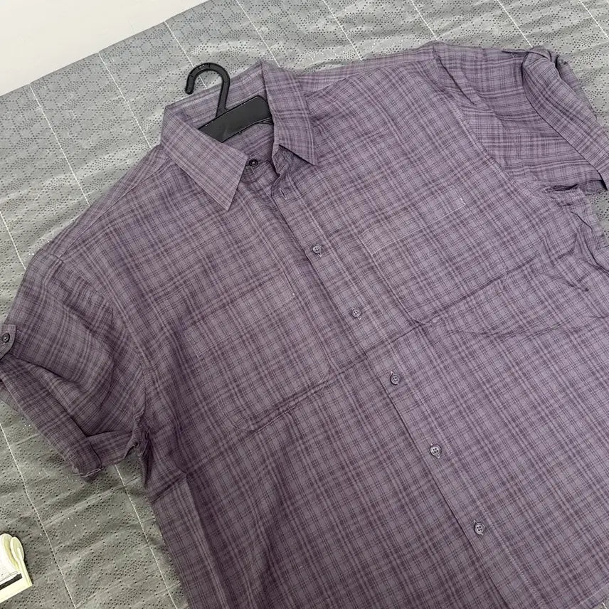 [BUNJANG] Checkered Roll-Up Short Sleeve Shirt / (새상품)체크 남방 롤업 반팔 셔츠 보라 검정