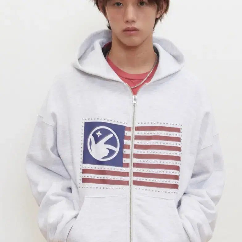 [BUNJANG] Kimijery Finger Logo America Crop Hooded Zip-Up / [2] 키미저리 핑거 로고 아메리카 크롭 후드 집업