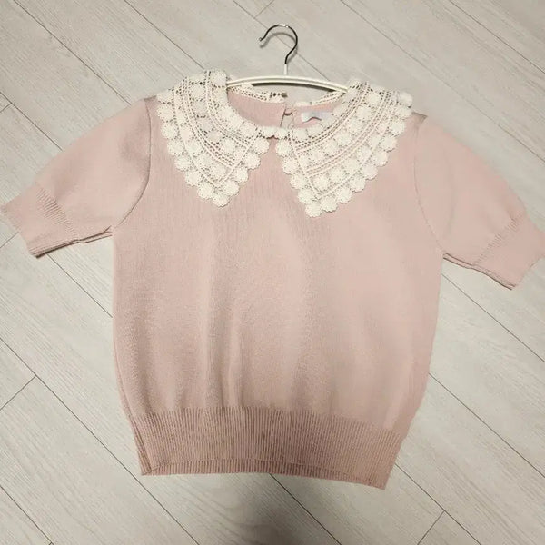 [BUNJANG] Crochet Pink Knit Half-Sleeve Top / 크로쉐 분홍니트