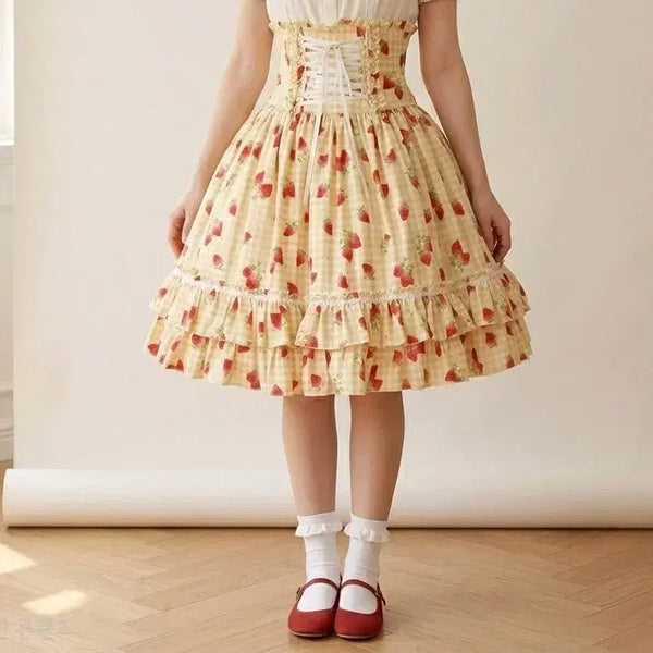 [BUNJANG] BODY LINE Juicy Gingham Strawberry High Waist Skirt / BODY LINE 로리타 쥬시 깅엄 스트로베리 하이웨스트 스커트