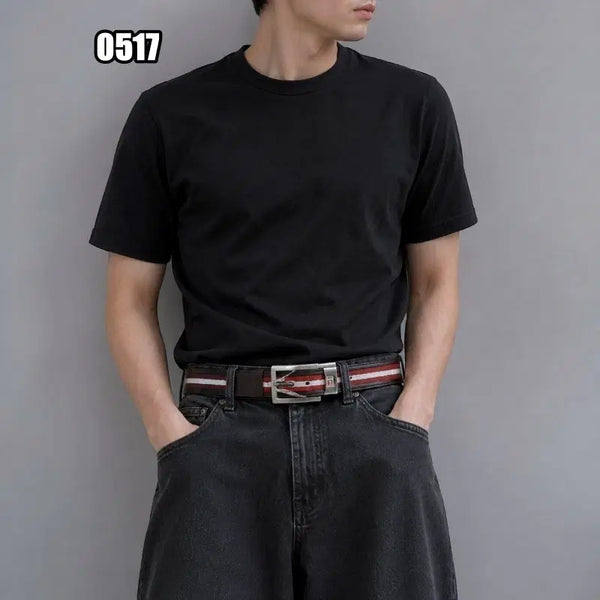 [BUNJANG] Bally Red and White Stripe Pattern Leather Belt / 발리 레드와 화이트 스트라이프 패턴 가죽 벨트