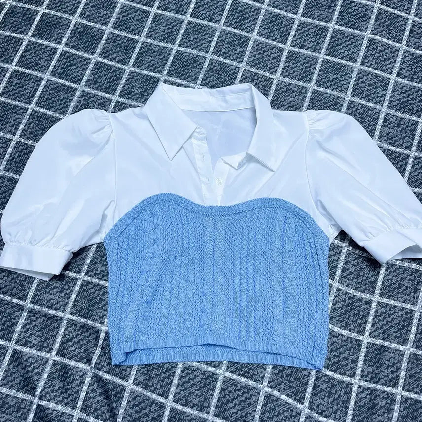 [BUNJANG] Short-Sleeve Blouse with Layered Knit Vest / 새상품)반팔 블라우스