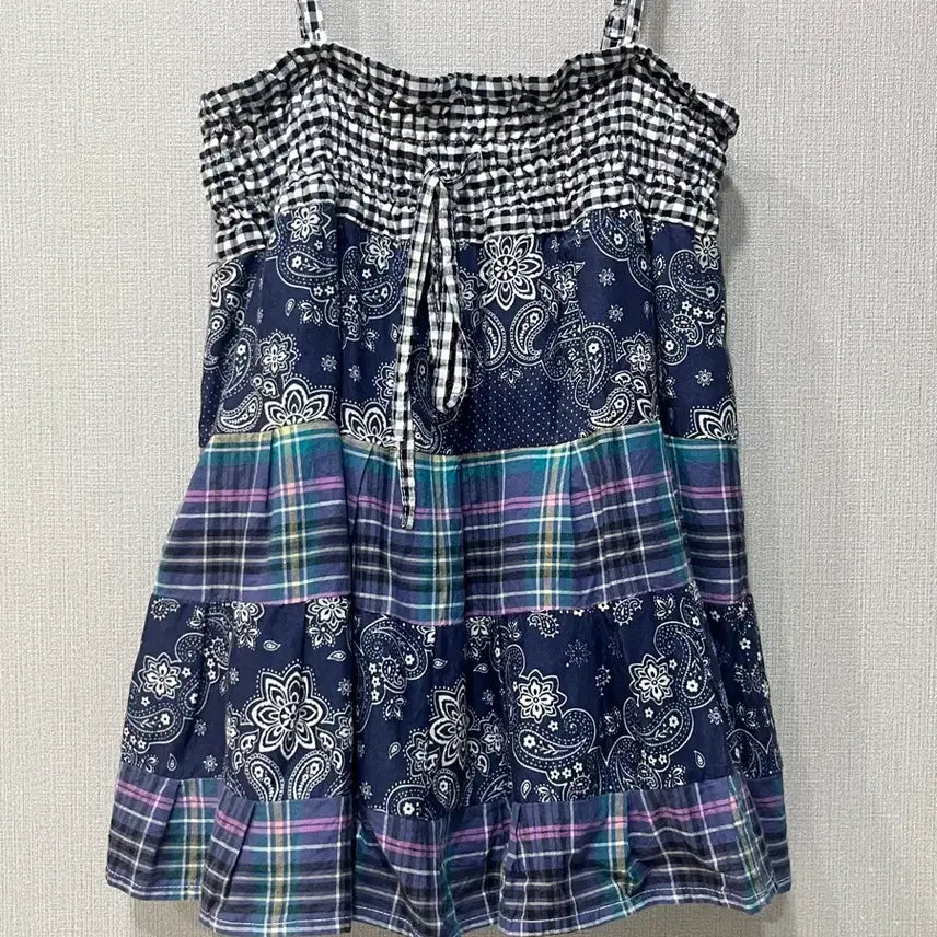 [BUNJANG] Vintage Paisley Patchwork Check Bustier Dress Skirt / 빈티지 페이즐리 패치워크 체크 패턴 끈나시 뷔스티에 원피스 스커트