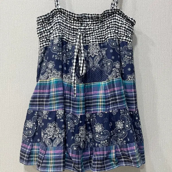 [BUNJANG] Vintage Paisley Patchwork Check Bustier Dress Skirt / 빈티지 페이즐리 패치워크 체크 패턴 끈나시 뷔스티에 원피스 스커트
