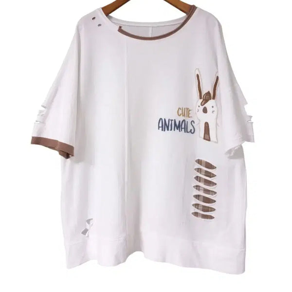 [BUNJANG] Rabbit Print Distressed T-Shirt / 토끼 프린팅 데미지 티셔츠