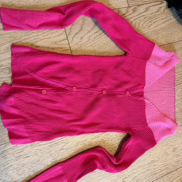 [BUNJANG] Pink Two-Tone Ribbed Sheer Knit Cardigan / 핑크 투톤 골지 시스루 니트 가디건