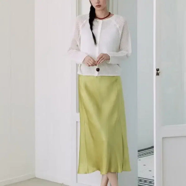 [BUNJANG] The Edge Acetate 100% Slit Satin Skirt (Lime, Size 66) / [새제품] 더엣지 아세테이트100 슬릿 스커트 새틴