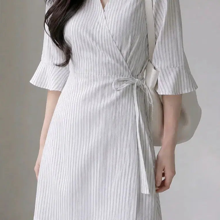 [BUNJANG] MIXXO Cotton V-Neck 5-Sleeve Wrap Dress / 미쏘 코튼 브이넥 5부소매 랩원피스