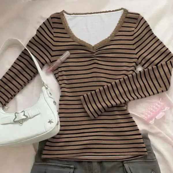 [BUNJANG] Striped Long Sleeve T-Shirt - Brown / 스트라이프 긴팔티셔츠 갈색 브라운 커피브라운