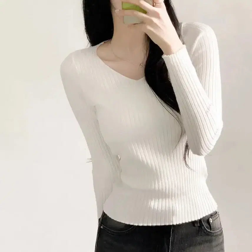 [BUNJANG] Rebrene Ribbed Slim Knit Long Sleeve T-Shirt V-Neck / 레브린 골지 슬림 니트 긴팔 티셔츠 브이넥 에이블리
