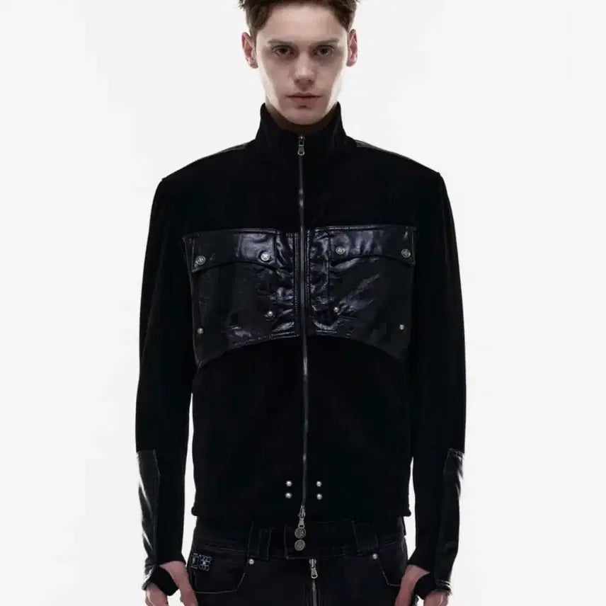 [BUNJANG] Leather Patch Knit Zip-Up Hoodie Black M / [s]opus0012 레더 패치 니트집업
