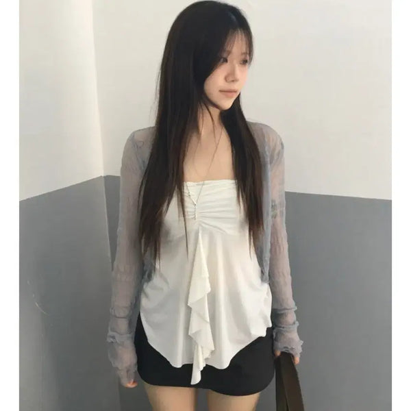 [BUNJANG] Our Cabinet Giny Thin See-Through Cardigan Blue / 아워캐비넷 링클 시스루 가디건 블루 giny thin 모로이