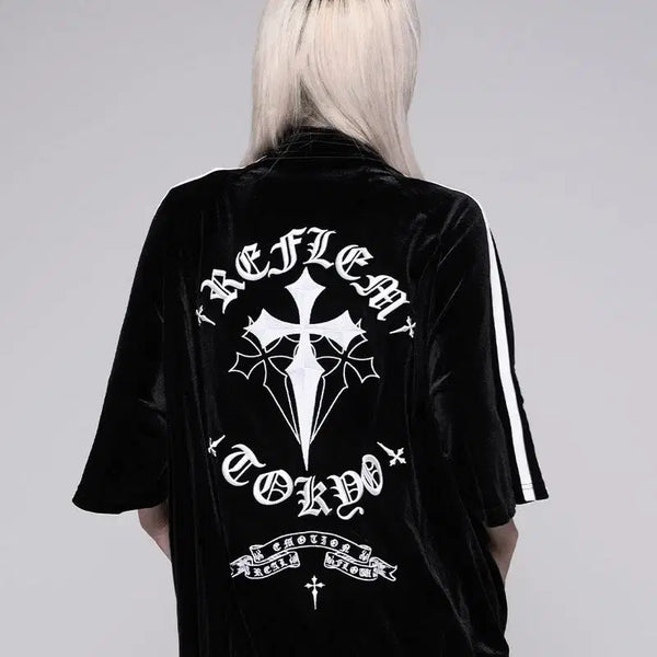 [BUNJANG] REFLEM Embroidered Velvet Short Sleeve Track Jacket / REFLEM 레플렘 크로스 자수 벨벳 트랙 반팔 저지 재킷
