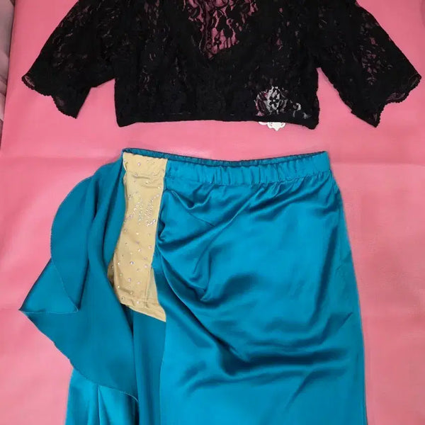 [BUNJANG] Black Lace Crop Top & Teal Satin Skirt Set / 밸리댄스 블랙 레이스탑+ 청록색 새틴 스커트세트