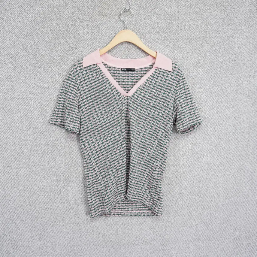 [BUNJANG] Zara 24SS Women's Jacquard Pink Short Sleeve Knit Top L (66-77 Size) / 자라 24SS 여성 자카드 핑크 반팔 니트 66-77size