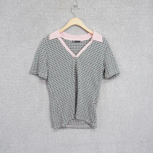 [BUNJANG] Zara 24SS Women's Jacquard Pink Short Sleeve Knit Top L (66-77 Size) / 자라 24SS 여성 자카드 핑크 반팔 니트 66-77size