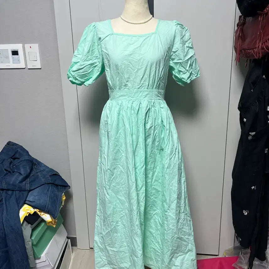 [BUNJANG] Mint Long Puff Sleeve Dress / 민트 롱 원피스