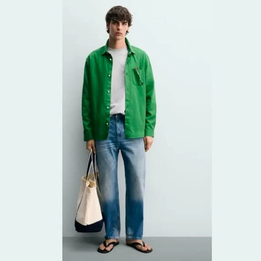 [BUNJANG] Zara Cotton Linen Shirt Green Long Sleeve XL / 새제품XL(정가5.9만) 자라 코튼 린넨셔츠 그린 녹색 긴팔 남방