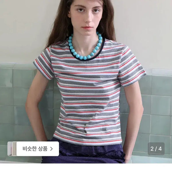 [BUNJANG] Forever Stripe Short-Sleeve T-Shirt (Gray) / 포에브 스트라이프 반팔 티셔츠 (그레이)