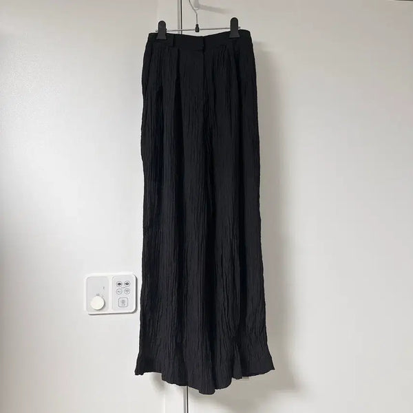 [BUNJANG] Wrinkle Wide Pants Black with Back Banding / 링클와이드팬츠 블랙 뒷밴딩