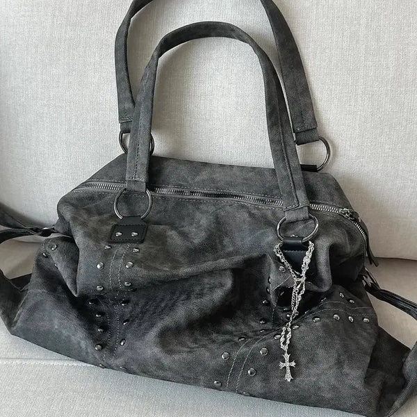 [BUNJANG] Stone Washed Denim Studded Tote Shoulder Bag / 스톤워싱 데님 스터드 토트백 숄더백