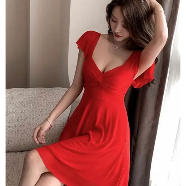 [BUNJANG] Red Flare Sheer Mini Dress / 레드 플레어 반팔 시스루 미니 원피스