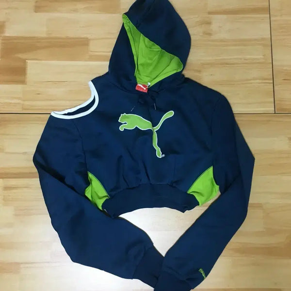 [BUNJANG] Vintage Puma Navy/Lime Cropped Hoodie (Upcycled) / 빈티지 푸마 네이비/라임 크롭 후드티(업사이클링)