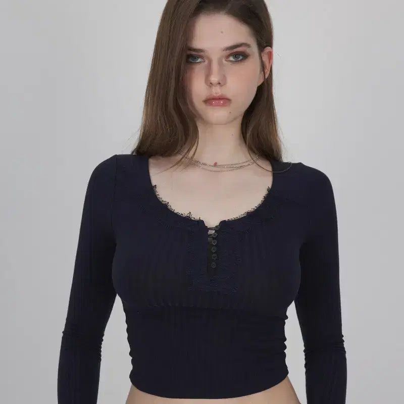 [BUNJANG] Too Much Tax Lace Ribbed Longsleeve T-Shirt Navy / (새상품) 투머치택스 레이스 립드 롱슬리브 긴팔티 네이비