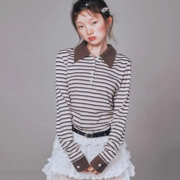 [BUNJANG] YOOHEE Stripe Long Sleeve PK T-Shirt Brown / 유희 스트라이프 롱슬리브 PK 티셔츠 브라운