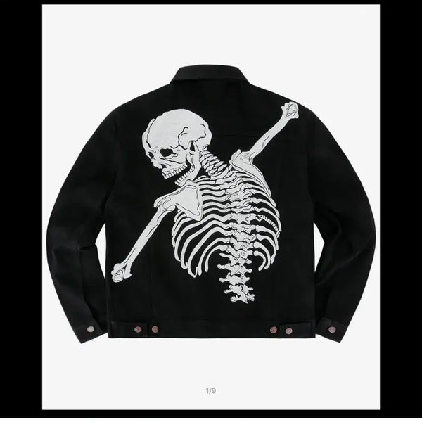 [BUNJANG] Rapper Hug Skeleton Embroidered Denim Jacket Black (Sealed New) / 라퍼 허그 스켈레톤 자수 데님 자켓 블랙 (미개봉 새상품)