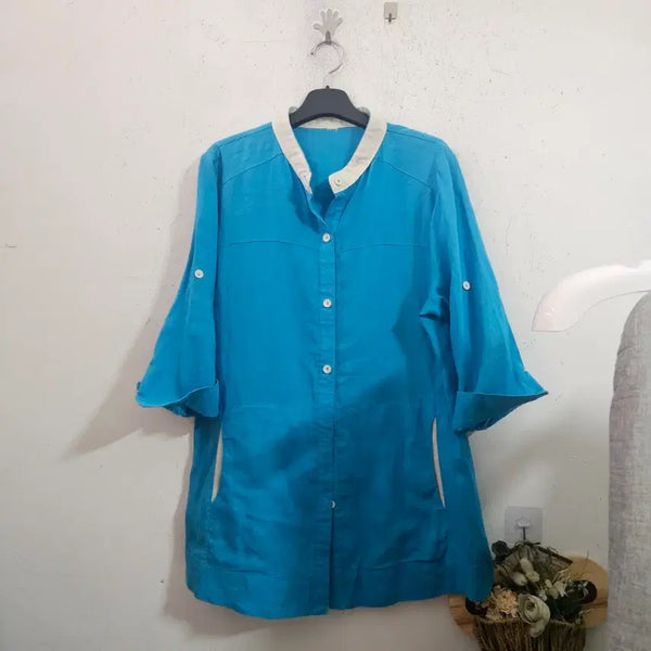 [BUNJANG] Light Blue Linen Shirt Dress / 청량한 블루 린넨 셔츠형 롱남방