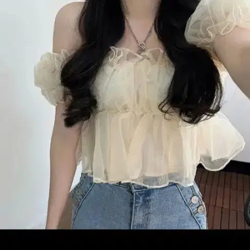 [BUNJANG] Off-Shoulder Shirred Blouse - Ivory See-Through / 오프숄더 셔링 블라우스 아이보리 시스루