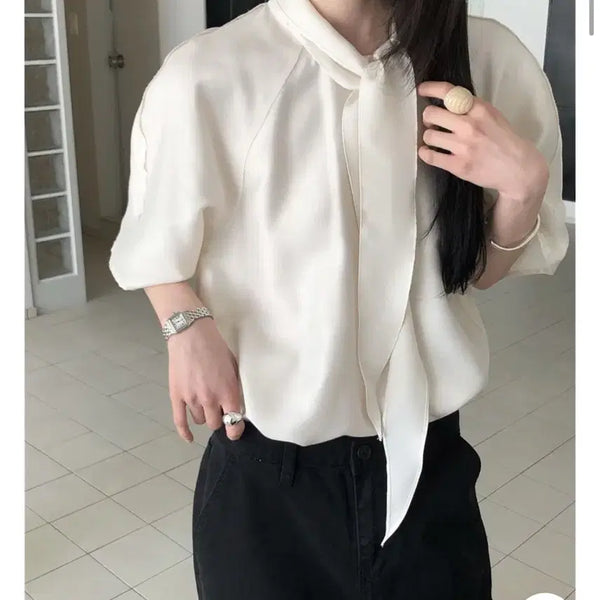 [BUNJANG] Le Butter Ete Raglan Short-Sleeve Blouse - Ivory (New) / 르버터 에떼 스카프 나그랑 반팔블라우스 새상품
