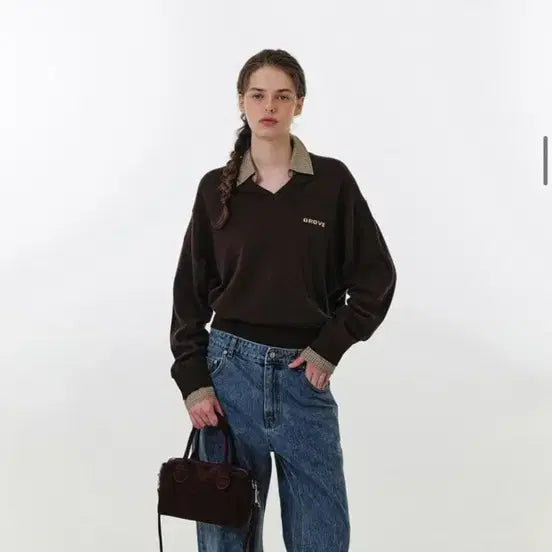 [BUNJANG] Grove V-Neck Knit Brown / 그로브 브이넥 니트 브라운
