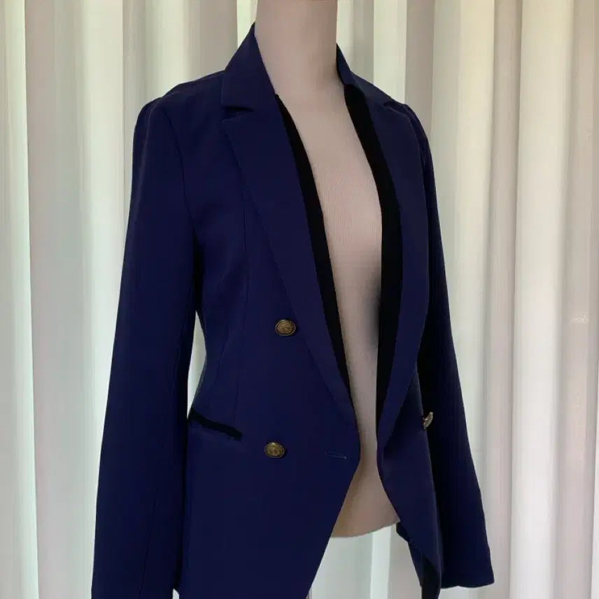 [BUNJANG] Navy Double Button Jacket with Sleeve Color Block - Size S / [착용 1회] 소매배색 네이비 더블 버튼 자켓 S