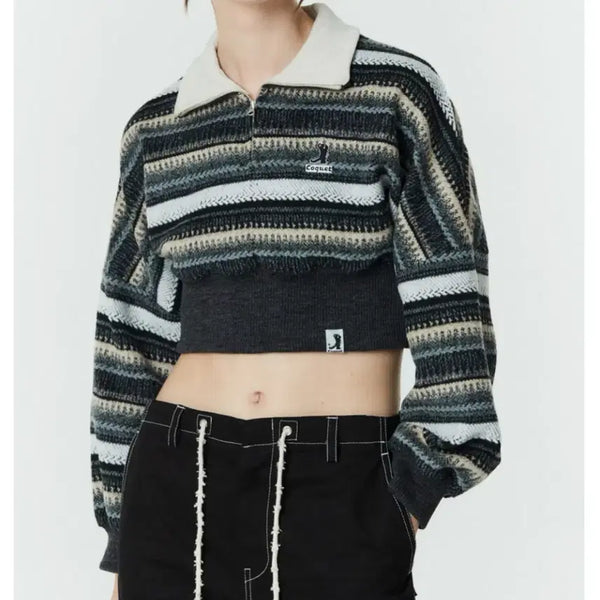 [BUNJANG] Coquette Knit Stripe Half Zip-Up Cropped Top Charcoal / [옷장정리]코케트 니트 스트라이프 하프 집업 크롭 챠콜