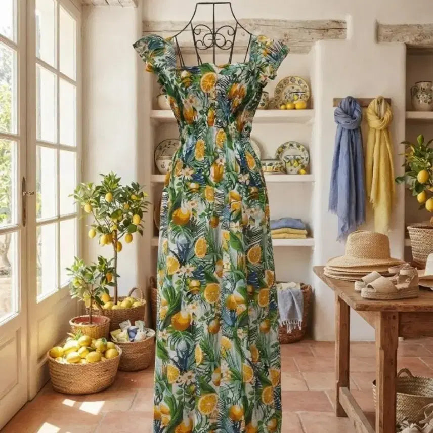 [BUNJANG] Lemon Pattern Long Dress - Size S / 레몬 패턴 롱원피스 / 여행룩 휴양지룩 추천 (S)