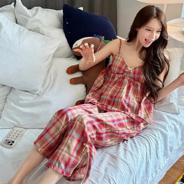 [BUNJANG] Mari Market Built-in Bra Padded Check Homewear Set / 마리마켓 캡내장 밴딩 체크 홈웨어 set