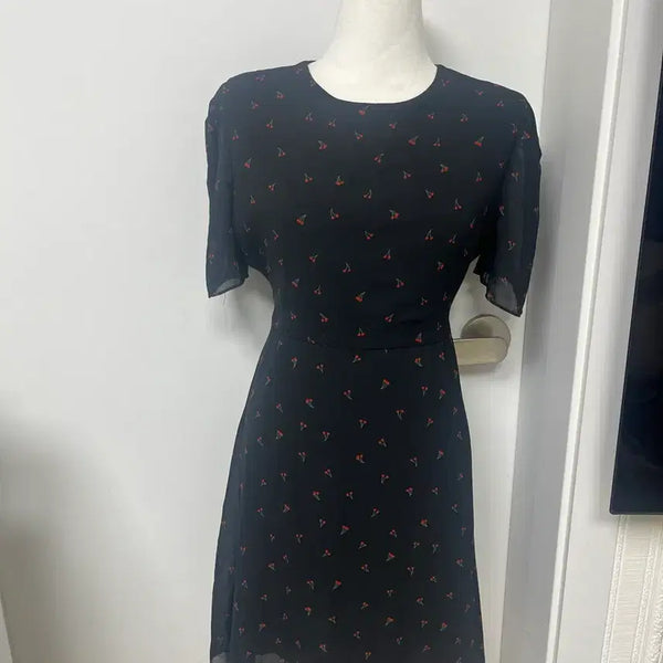 [BUNJANG] Black Cherry Pattern Mini Dress / 블랙 체리 패턴 미니 원피스