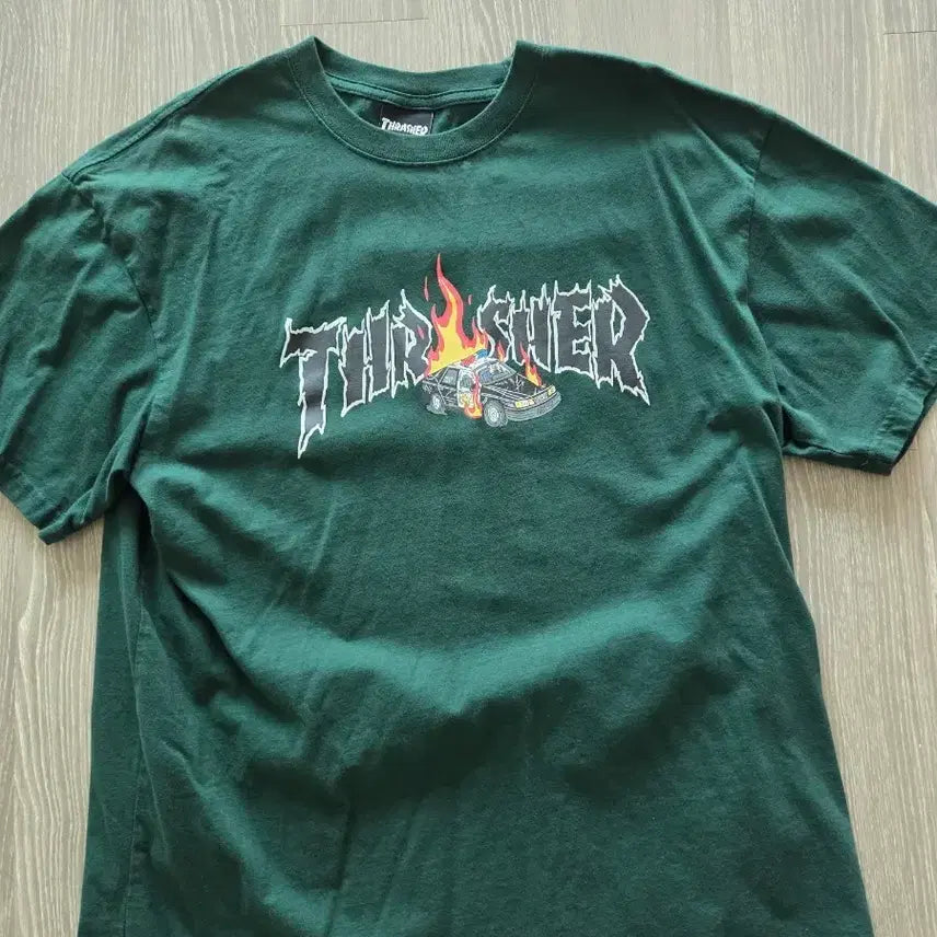 [BUNJANG] Thrasher Burning Wheel Short Sleeve T-Shirt Green / 트레셔 그린 Burning Wheel 반팔 티셔츠
