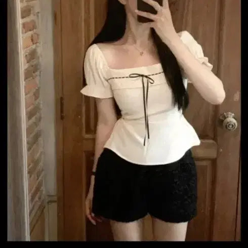 [BUNJANG] Ivory Ribbon Puff Short Sleeve Blouse / 아이보리 리본 블라우스 퍼프 반팔새거