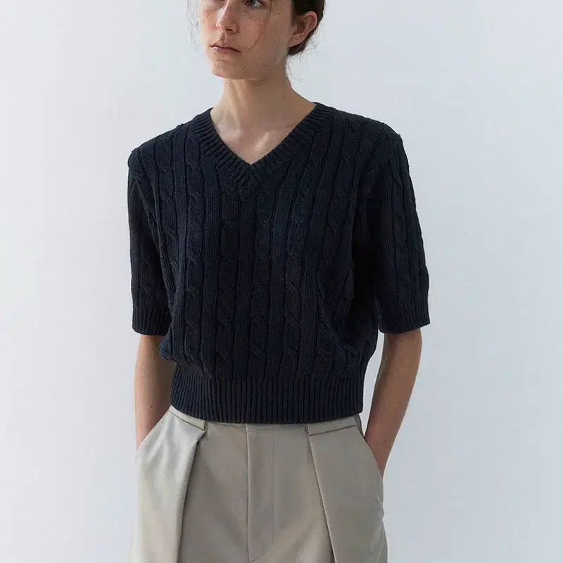 [BUNJANG] AUBEVOUR Cable Half Knit Deep Navy / 아우브아워 니트 cable half knit ( deep navy )